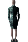 Green Sexy Camouflage Print Patchwork Draw String Fold Asymmetrical V Neck Pencil Skirt Dresses