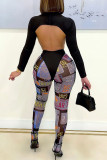 Red Sexy Print Hollowed Out Patchwork O Neck Long Sleeve Two Pieces