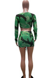 Blue Sexy Print Patchwork Frenulum Fold V Neck Long Sleeve Two Pieces