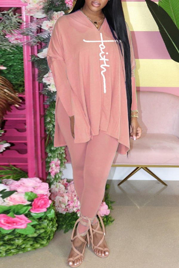 Apricot Casual Print Patchwork O Neck Long Sleeve Two Pieces