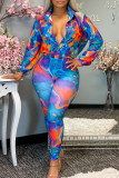 Blue Orange Fashion Casual Print Patchwork Turndown Collar Long Sleeve Two Pieces