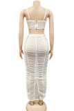White Sexy Solid Hollowed Out Patchwork Frenulum Fold Zipper Spaghetti Strap Sling Dress Dresses
