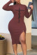Brown Sexy Print Patchwork Slit Asymmetrical Pencil Skirt Dresses
