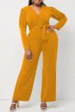 Yellow Casual Solid Patchwork V Neck Straight Jumpsuits