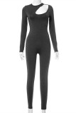 Dark Gray Fashion Sexy Solid Hollowed Out O Neck Skinny Jumpsuits