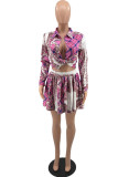 Rose Red Fashion Casual Print Basic Turndown Collar Long Sleeve Two Pieces