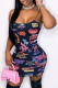 Colour Sexy Print Patchwork Spaghetti Strap Pencil Skirt Dresses