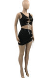 Tangerine Red Sexy Solid Hollowed Out U Neck Sleeveless Two Pieces
