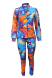 Blue Orange Fashion Casual Print Patchwork Turndown Collar Long Sleeve Two Pieces