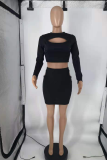 Black Sexy Solid Hollowed Out O Neck Long Sleeve Two Pieces