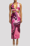 Red White Fashion Sexy Print Bandage Backless Halter Sleeveless Dress Dresses