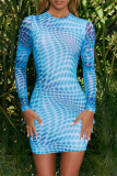 Blue Sexy Street Print Patchwork Frenulum O Neck Pencil Skirt Dresses