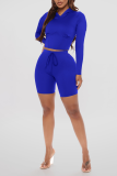Blue Casual Solid Patchwork Hooded Collar Long Sleeve Two Pieces