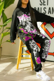 Black Fashion Casual Print Basic O Neck Long Sleeve Two Pieces