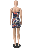 Colour Sexy Print Patchwork Spaghetti Strap Pencil Skirt Dresses