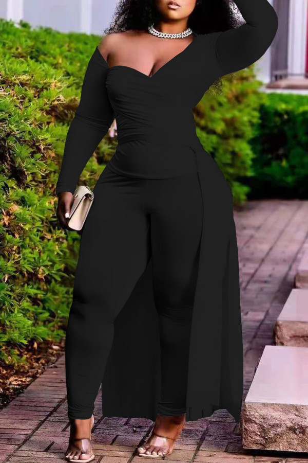 Black Fashion Casual Solid Asymmetrical V Neck Long Sleeve Two Pieces