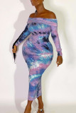 Multicolor Elegant Print Tie Dye Patchwork Off the Shoulder Pencil Skirt Dresses