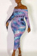 Multicolor Elegant Print Tie Dye Patchwork Off the Shoulder Pencil Skirt Dresses