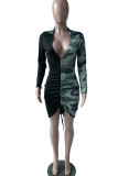 Green Sexy Camouflage Print Patchwork Draw String Fold Asymmetrical V Neck Pencil Skirt Dresses