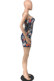Colour Sexy Print Patchwork Spaghetti Strap Pencil Skirt Dresses
