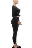 Red Casual Solid Patchwork Frenulum O Neck Long Sleeve Two Pieces
