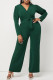 Green Casual Solid Patchwork V Neck Straight Jumpsuits