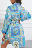 Blue Casual Print Patchwork Turndown Collar Shirt Dress Dresses