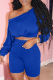 Peacock Blue Casual Solid Patchwork One Shoulder Long Sleeve Two Pieces