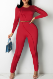 Red Sexy Solid Hollowed Out O Neck Long Sleeve Two Pieces