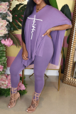 Purple Casual Print Patchwork O Neck Long Sleeve Two Pieces