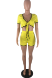 Yellow Sexy Solid Bandage V Neck Short Sleeve Two Pieces