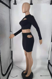 Black Sexy Solid Hollowed Out O Neck Long Sleeve Two Pieces