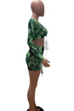 Blue Sexy Print Patchwork Frenulum Fold V Neck Long Sleeve Two Pieces