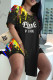 Black Fashion Casual Letter Print Slit V Neck Short Sleeve Two Pieces