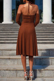 Brown Sexy Solid Bandage Hollowed Out Backless Strapless Long Sleeve Dresses