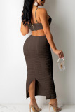 White Sexy Solid Hollowed Out Patchwork Frenulum Fold Zipper Spaghetti Strap Sling Dress Dresses