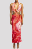 Red White Fashion Sexy Print Bandage Backless Halter Sleeveless Dress Dresses