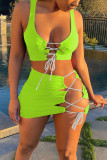 Fluorescent Green Sexy Solid Bandage Spaghetti Strap Sleeveless Two Pieces
