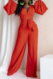 Red Fashion Casual Solid Bandage V Neck Long Sleeve Two Pieces