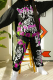 Black Fashion Casual Print Basic O Neck Long Sleeve Two Pieces