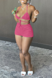 Rose Red Sexy Solid Bandage Patchwork Swimwears