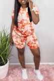 Blue Casual Patchwork Tie-dye O Neck Short Sleeve Two Pieces