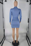 Sky Blue Sexy Solid Patchwork Zipper Collar Pencil Skirt Dresses