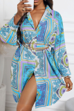 Blue Casual Print Patchwork Turndown Collar Shirt Dress Dresses