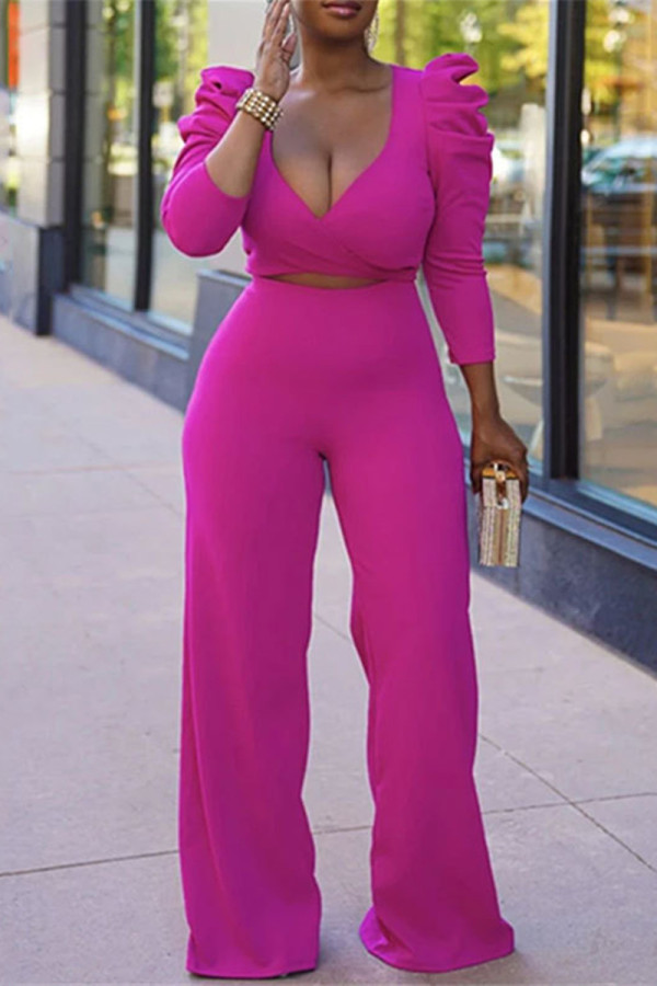 Purple Fashion Casual Solid Bandage Patchwork V Neck Long Sleeve Two Pieces
