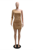 Khaki Sexy Hot Drilling Hollowed Out Backless Oblique Collar Long Sleeve Dresses
