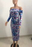 Multicolor Elegant Print Tie Dye Patchwork Off the Shoulder Pencil Skirt Dresses