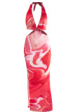 Red White Fashion Sexy Print Bandage Backless Halter Sleeveless Dress Dresses