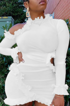 White Sexy Solid Flounce O Neck Pencil Skirt Dresses