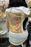 White Yellow Casual Print Patchwork Turndown Collar Shirt Dress Dresses